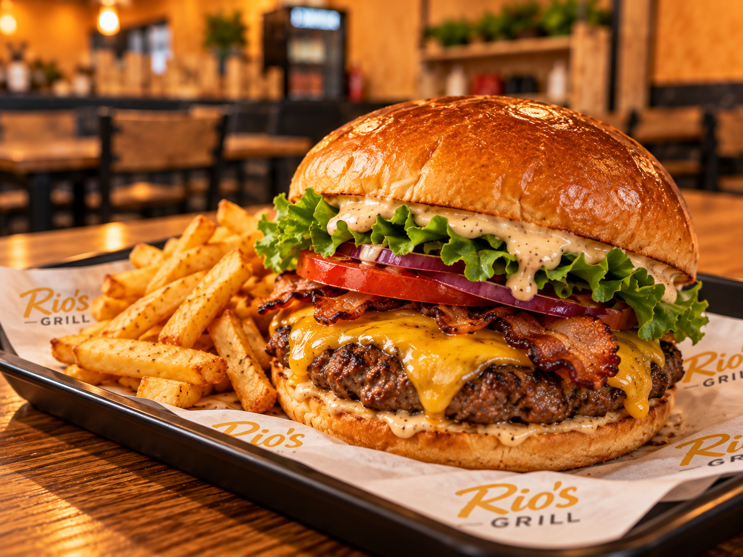 Hamburguesa con queso, verduras y patatas sobre papel Rio’s Grill, imagen de referencia aportada